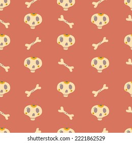 Seamless pattern with skulls and floral decoration elements for textile design