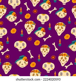 Seamless pattern with skulls and floral decoration elements for textile design
