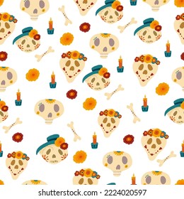 Seamless pattern with skulls and floral decoration elements for textile design