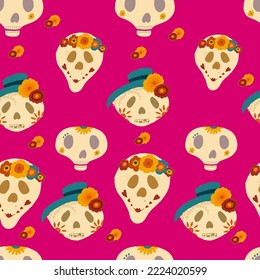 Seamless pattern with skulls and floral decoration elements for textile design