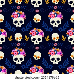 Seamless pattern with skulls in floral wreath on dark blue background. Vector illustration for for Day of the dead or Halloween