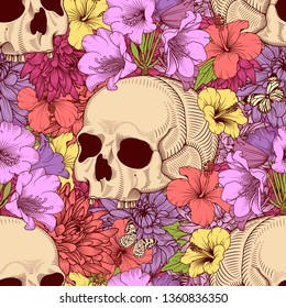 Seamless pattern with skulls and flowers