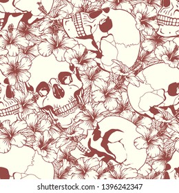Seamless pattern with skulls and flowers