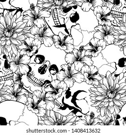 Seamless pattern with skulls and flowers