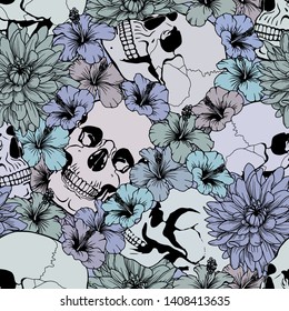 Seamless pattern with skulls and flowers