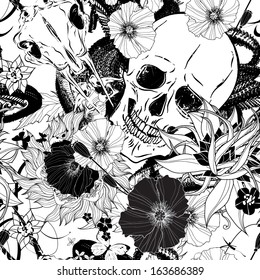 Seamless pattern with skulls and flowers