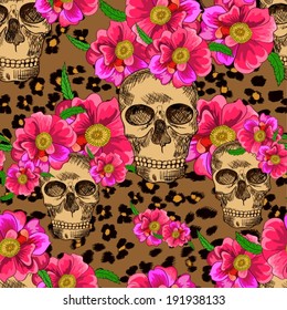 Seamless pattern with skulls and flowers