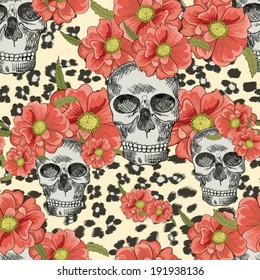 Seamless pattern with skulls and flowers
