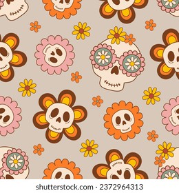 seamless pattern with  skulls and flowers