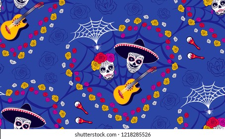 Seamless pattern with skulls, flowers, maracas and guitar. Mexican Day of the Dead.