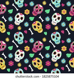 seamless pattern with skulls and flowers on the theme of santa muerte