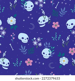 Seamless pattern with skulls and flowers on a blue background. Vector graphics.