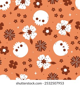 Seamless pattern with skulls and flowers on an orange background. Vector graphics.