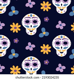 Seamless pattern with skulls and flowers. Pattren for the day of the dead. Vector illustration.