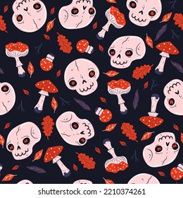 Seamless  pattern with skulls and fly agarics. Vector graphics.