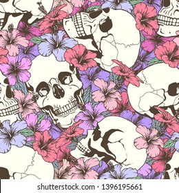 Seamless pattern with skulls fnd flowers