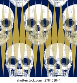 Seamless pattern with skulls and geometric shapes and optical effects. Vector. Illustration for textiles, wallpaper, fabrics. Black and white.
