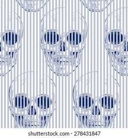 Seamless pattern with skulls and geometric shapes and optical effects. Vector. Illustration for textiles, wallpaper, fabrics. Black and white.