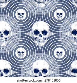 Seamless pattern with skulls and geometric shapes and optical effects. Vector. Illustration for textiles, wallpaper, fabrics. Black and white.