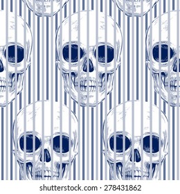 Seamless pattern with skulls and geometric shapes and optical effects. Vector. Illustration for textiles, wallpaper, fabrics. Black and white.