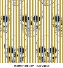 Seamless pattern with skulls and geometric shapes and optical effects. Vector. Illustration for textiles, wallpaper, fabrics. Black and white.