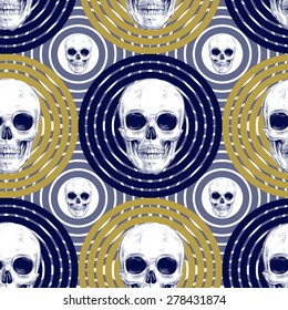 Seamless pattern with skulls and geometric shapes and optical effects. Vector. Illustration for textiles, wallpaper, fabrics. Black and white.