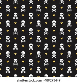 Seamless pattern with skulls and glittering hearts. Background in black, white and gold colors. Vector illustration.