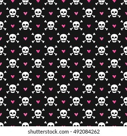 Seamless pattern with skulls and glittering hearts. Background in black, white and pink colors. Vector illustration.