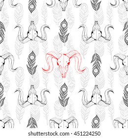 Seamless pattern with skulls of goat and hand-drawn feathers . Line drawing of skulls. Mystical background for your design.