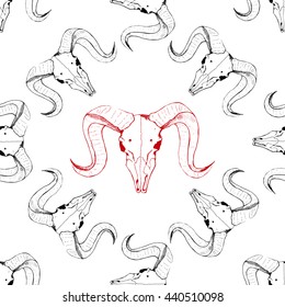 Seamless pattern with skulls of goat. Line drawing of skulls. Mystical background for your design.
