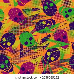 Seamless pattern with skulls, grunge paint brush stroke, lightning, dotted shapes. Bright colors for kids apparel, fabric, textile, sport goods, for Halloween decoration. Modern grunge texture.