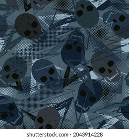 Seamless pattern with skulls, grunge paint brush stroke, dotted halftone shapes
