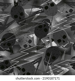 Seamless pattern with skulls, grunge paint brush stroke, lightning, dotted halftone shapes. Gray camouflage colors for apparel, fabric, textile, sport goods. Modern grunge texture.