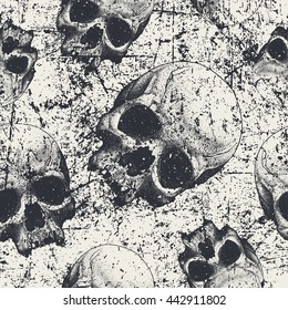 Seamless pattern with skulls in grunge style, vector