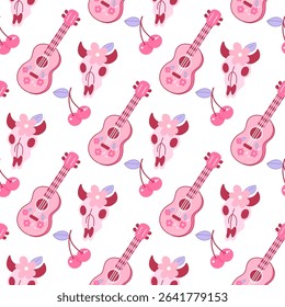 Seamless pattern with skulls, guitars, cherries