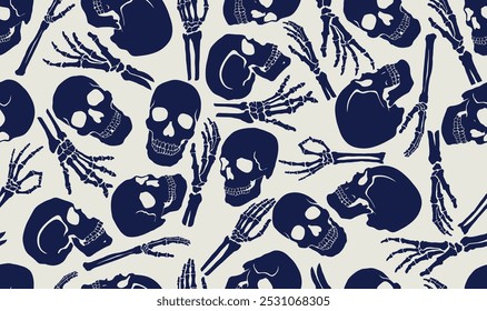 Seamless pattern with skulls and hands. Halloween seamless pattern with skulls. Holidays pattern Halloween. Many skulls. Spooky and scary pattern for printing, textiles, fabric, print, web.