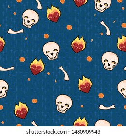 Seamless pattern with skulls, hearts and flowers. Vector graphics.