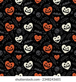 Seamless pattern with skulls and hearts in Halloween colors. Spooky vector illustration