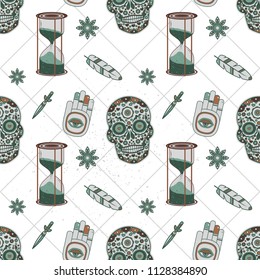 seamless a pattern with skulls and an hourglass. theme of time. abstraction