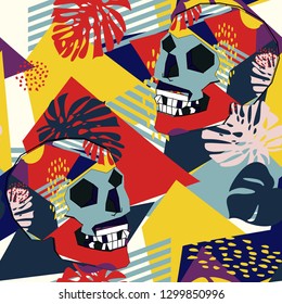 Seamless pattern with skulls, leaves, abstract forms, can be used as cool print for clothes. Creative poster  