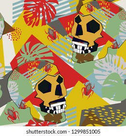 Seamless pattern with skulls, leaves, abstract forms, can be used as cool print for clothes. Creative poster  