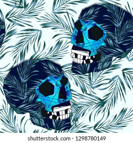 Seamless pattern with skulls, leaves, can be used as cool print for clothes. Creative retro poster  