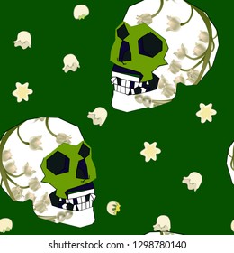 Seamless pattern with skulls, leaves, flovers, lilies of the valley, can be used as cool print for clothes. Creative retro poster  