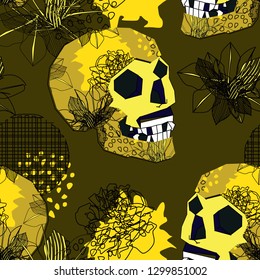 Seamless pattern with skulls, leaves, flowers, can be used as cool print for clothes. Creative poster  