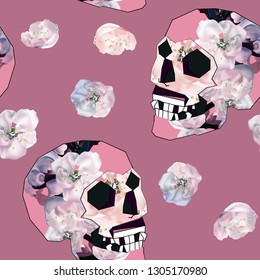 Seamless pattern with skulls, leaves, pink flovers, can be used as cool print for clothes. Creative retro poster  