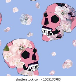 Seamless pattern with skulls, leaves, pink flovers, can be used as cool print for clothes. Creative retro poster  