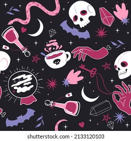 Seamless pattern with skulls and magic items. Vector graphics.