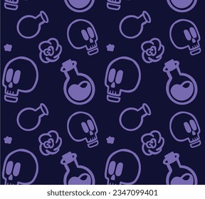 Seamless pattern with skulls and magic, magic, wizard, potion on a dark background. Simple vector doodle style.