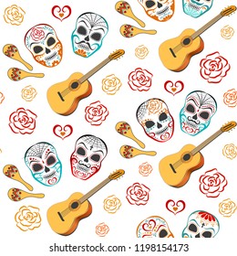 Seamless pattern with skulls, maracas and guitar on a white background. Mexican Day of the Dead.