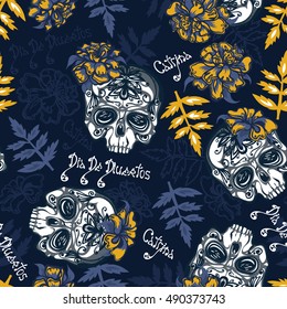 Seamless pattern with skulls, marigolds flowers and leaves. Lettering. Dia De Muertos. Catrina. The day of the Dead. Halloween. Hand drawn.